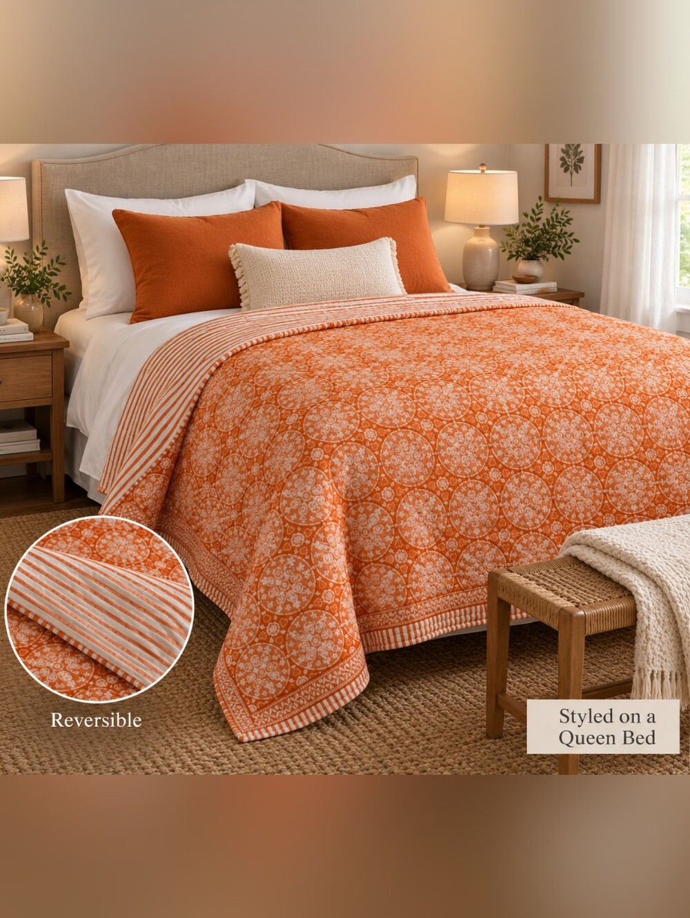 Pottery Barn Phoebe Tile Quilt Full / Queen Clementine Orange 88" X 96"